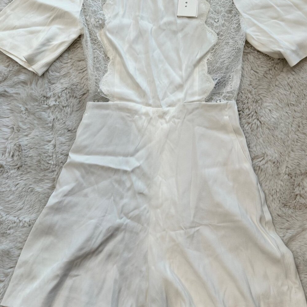 Sandro Paris Dilan Open-back Lace Panel Romper In Ecru White